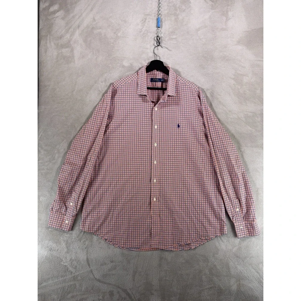 Polo Ralph Lauren Button Up Shirt Mens XXL Orange Blue Gingham Check Cotton